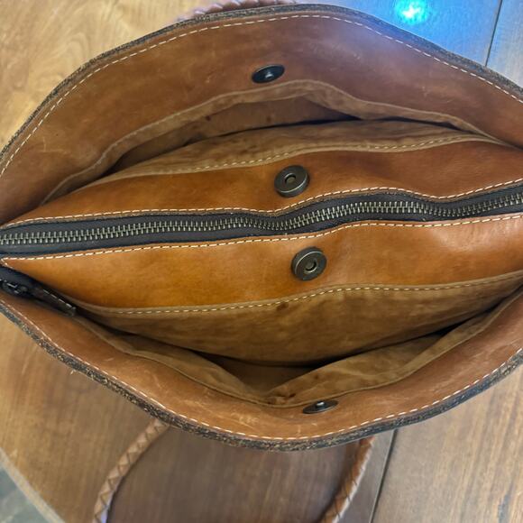 Patricia Nash Zamora Tooled Leather Tote Brown Braided Handles faux suede lined - Picture 4 of 9